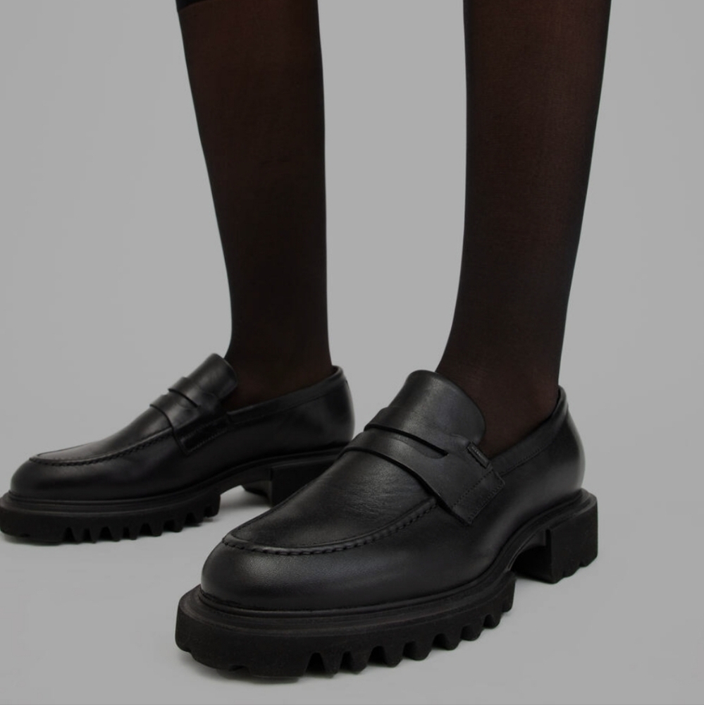 AllSaints Black Chunky Lug Sole Leather Loafers
